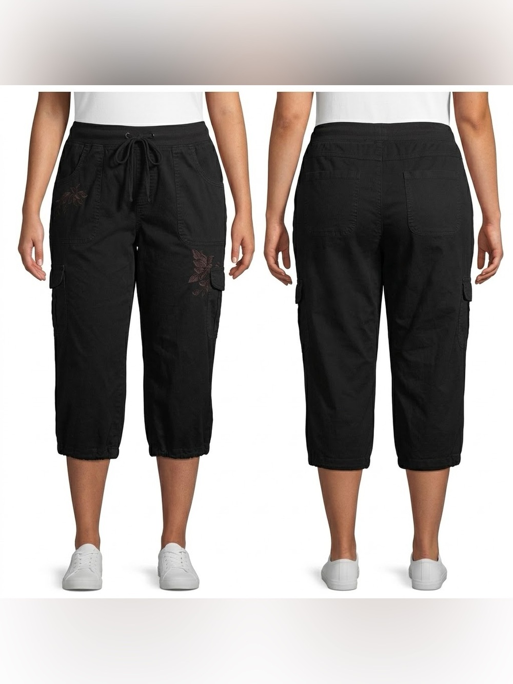Terra & Sky Black Floral Embroidered Cargo Capri Pants Size 1X (16W-18W)